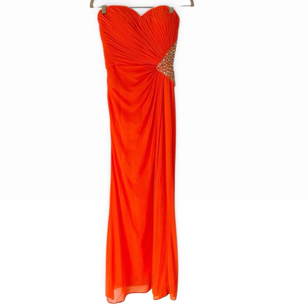 Xscape Neon Orange Open Back Rhinestone Chiffon Gown Size 2